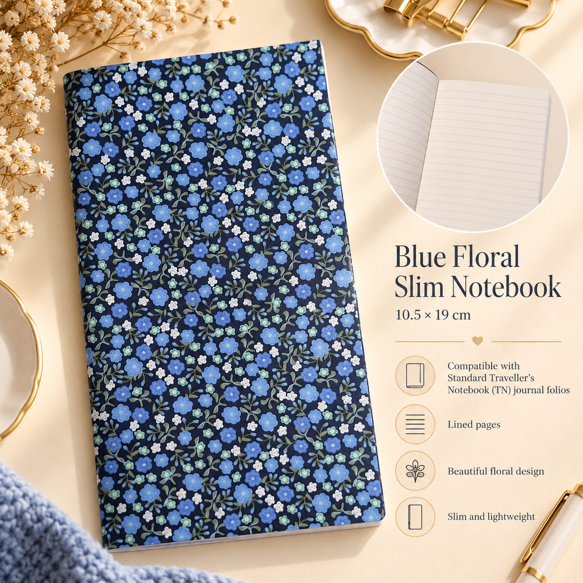 Blue Floral Slim Notebook – Standard Traveller's Notebook (TN) Insert