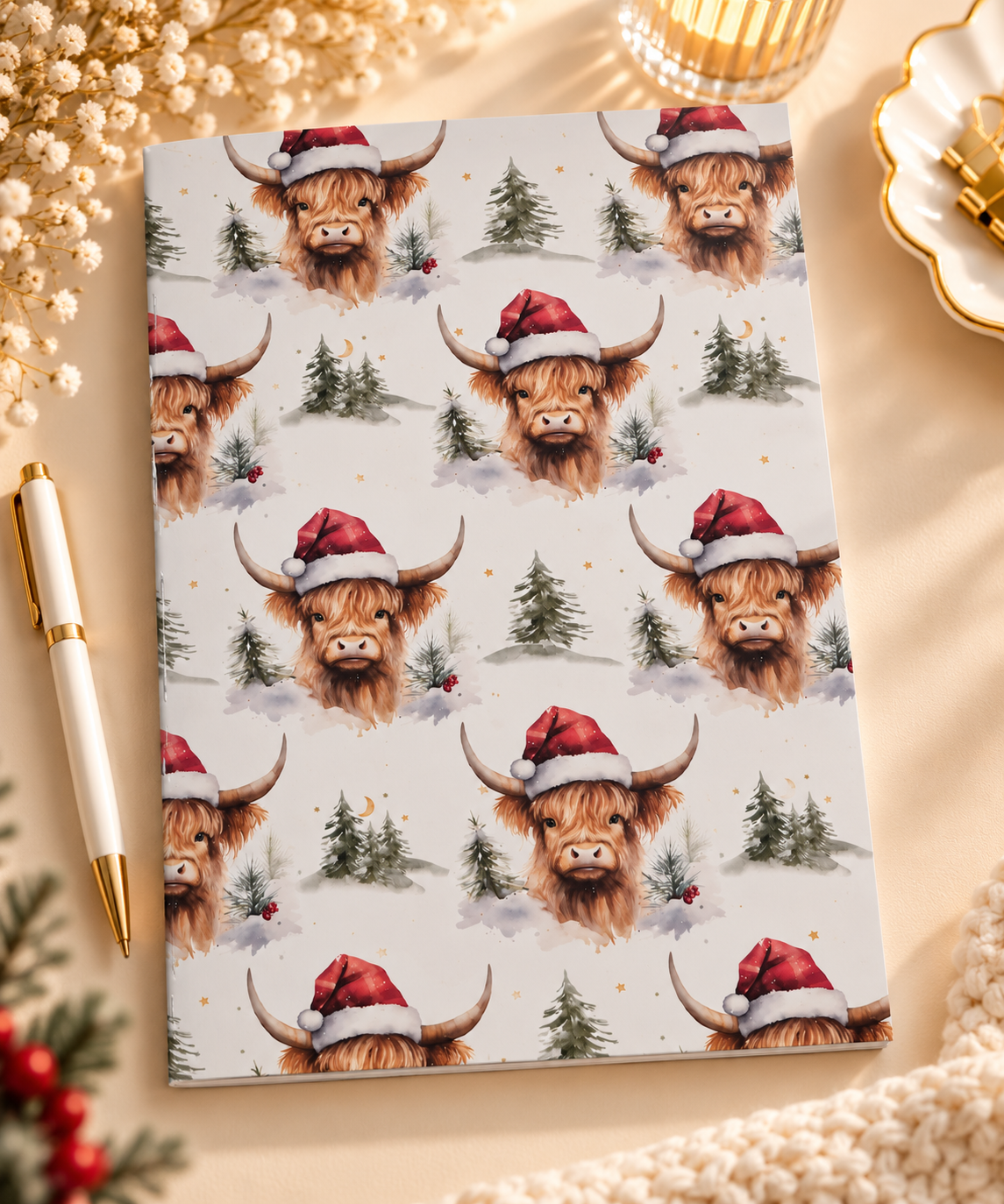 A5 Notebook – Highland Cow Santa Hat