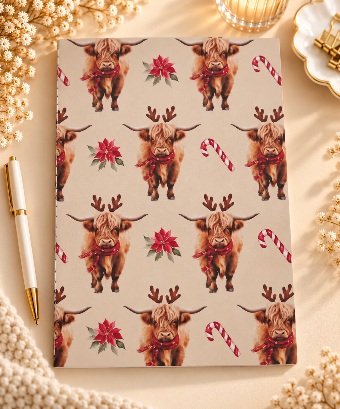 A5 Notebook – Highland Cow Candy Cane