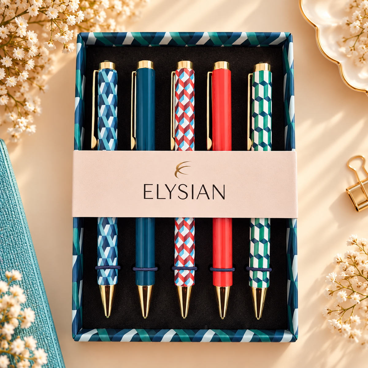 Elysian Geometric Mixed Design Ballpoint Pens in Gift Box – Set of 5
