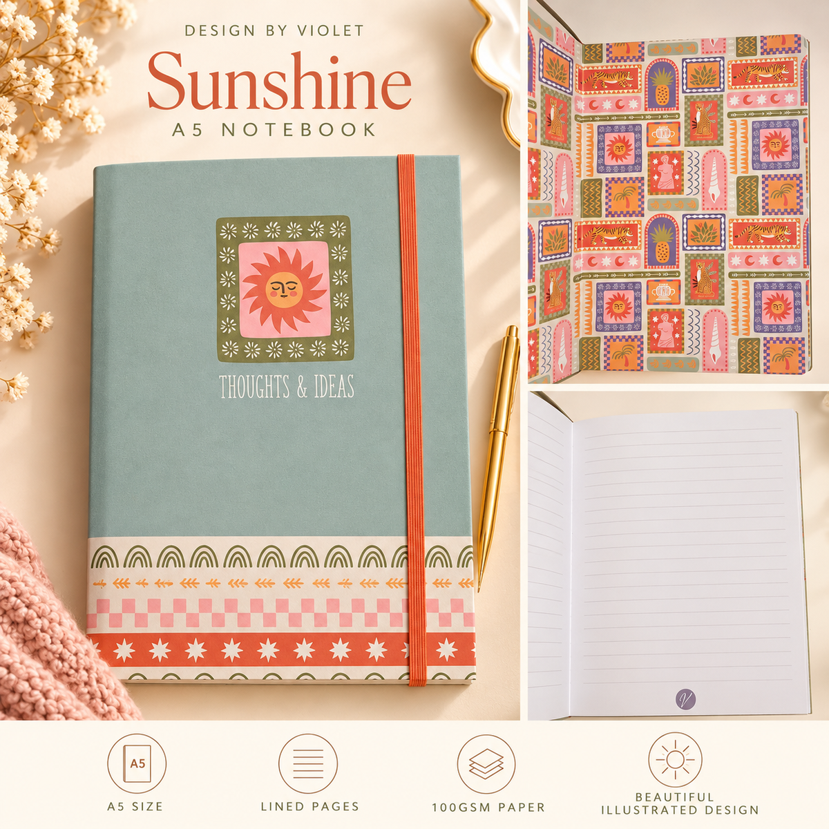 Design by Violet Sunshine A5 Lined Notebook – 100gsm