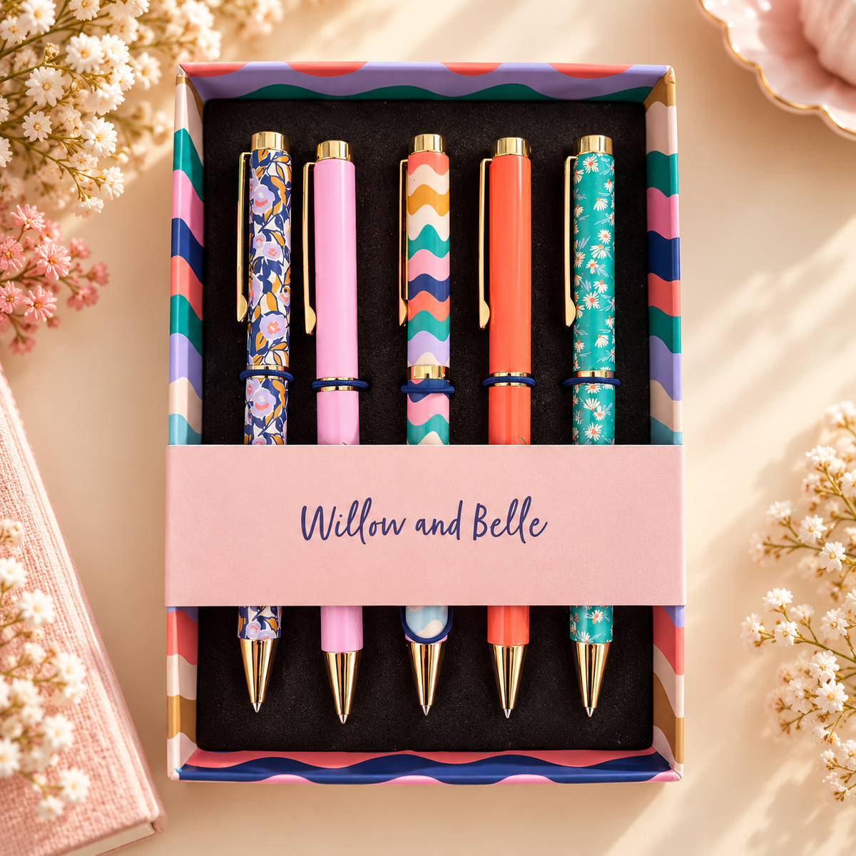 Willow and Belle Mixed Design Ballpoint Pens in Gift Box – Set of 5