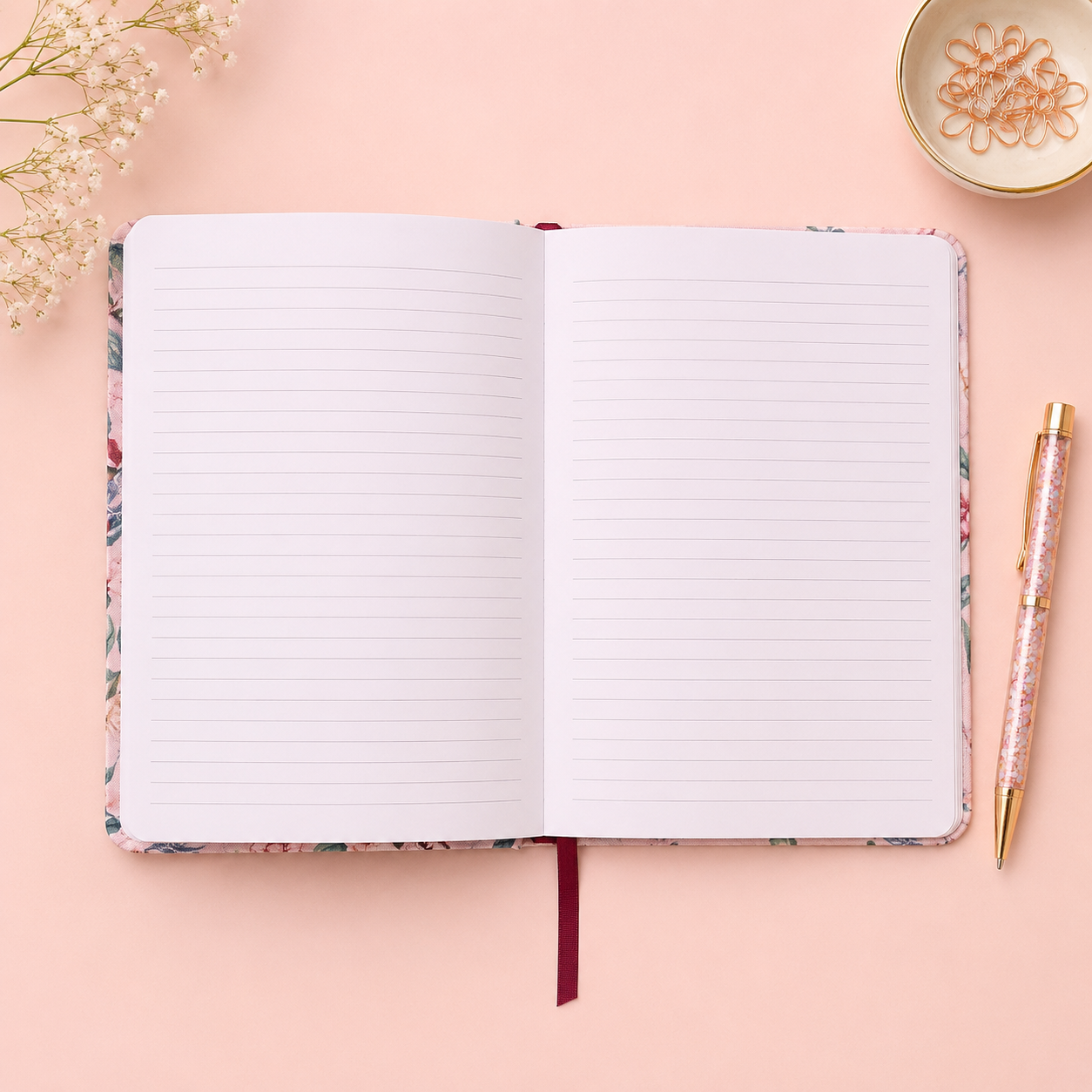 Blossom & Birdsong notebook open showing lined pages
