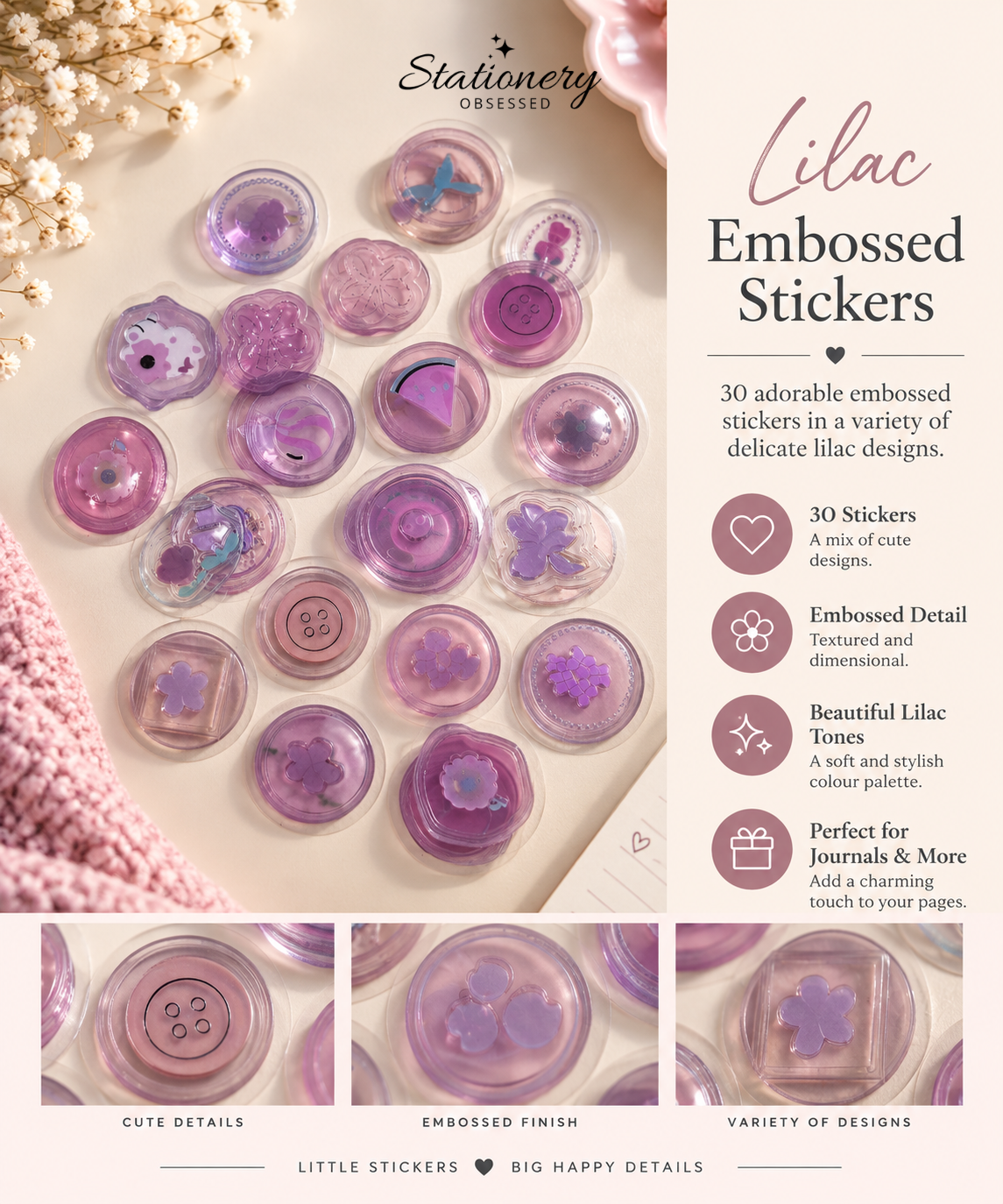 Lilac Embossed Mini Stickers – Set of 30