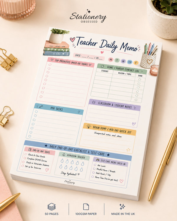 Stationery Obsessed Teacher Daily Memo Pad with pastel sections for priorities, PPA tasks, parent contact, classroom notes and end-of-day check-in.