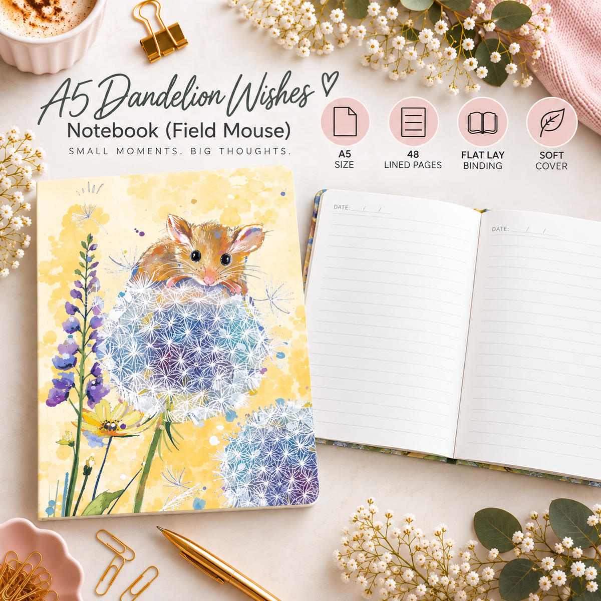 A5 Dandelion Wishes Notebook (Field Mouse). Soft Cover. Lined. Flat Lay.