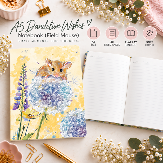 A5 Dandelion Wishes Notebook (Field Mouse). Soft Cover. Lined. Flat Lay.