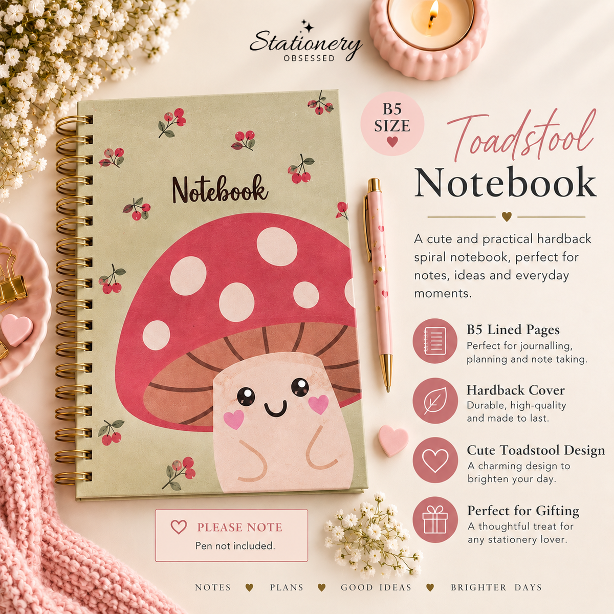 B5 hardback spiral notebook with cute pink toadstool design, sage green cover and gold-tone spiral binding.