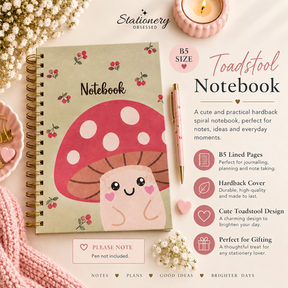 B5 hardback spiral notebook with cute pink toadstool design, sage green cover and gold-tone spiral binding.