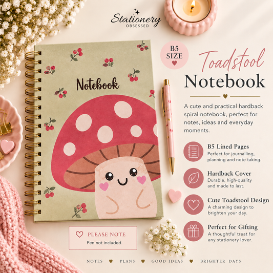B5 hardback spiral notebook with cute pink toadstool design, sage green cover and gold-tone spiral binding.