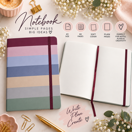 A5 Multi Coloured Stripes Blank Journal. Flat Lay. Soft Cover.