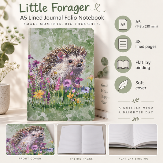 A5 Little Forager Notebook (Hedgehog). Soft Cover. Lined. Flat Lay.
