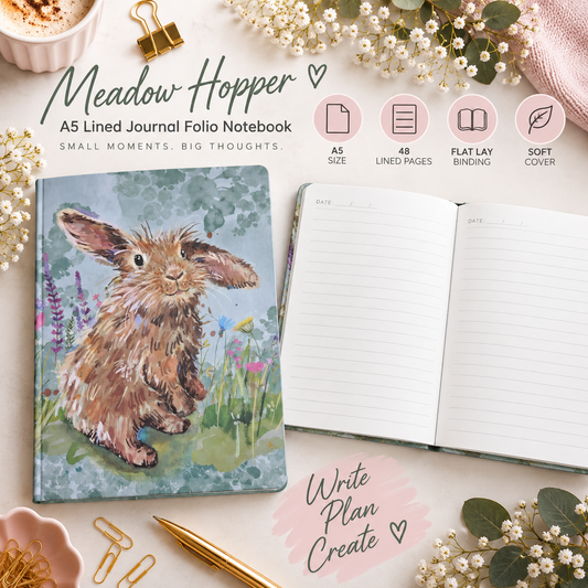A5 Meadow Hopper Notebook (Rabbit). Soft Cover. Lined. Flat Lay.