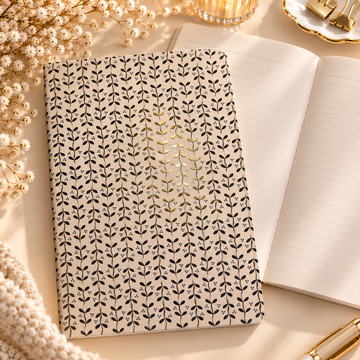 A5 Gold Leaf Botanical Notebook – Cream & Gold