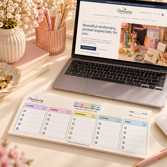 Stationery Obsessed Keyboard To-Do Weekly Task Pad featuring pastel Monday to Friday sections, five numbered daily task spaces and colourful keyboard-inspired details.