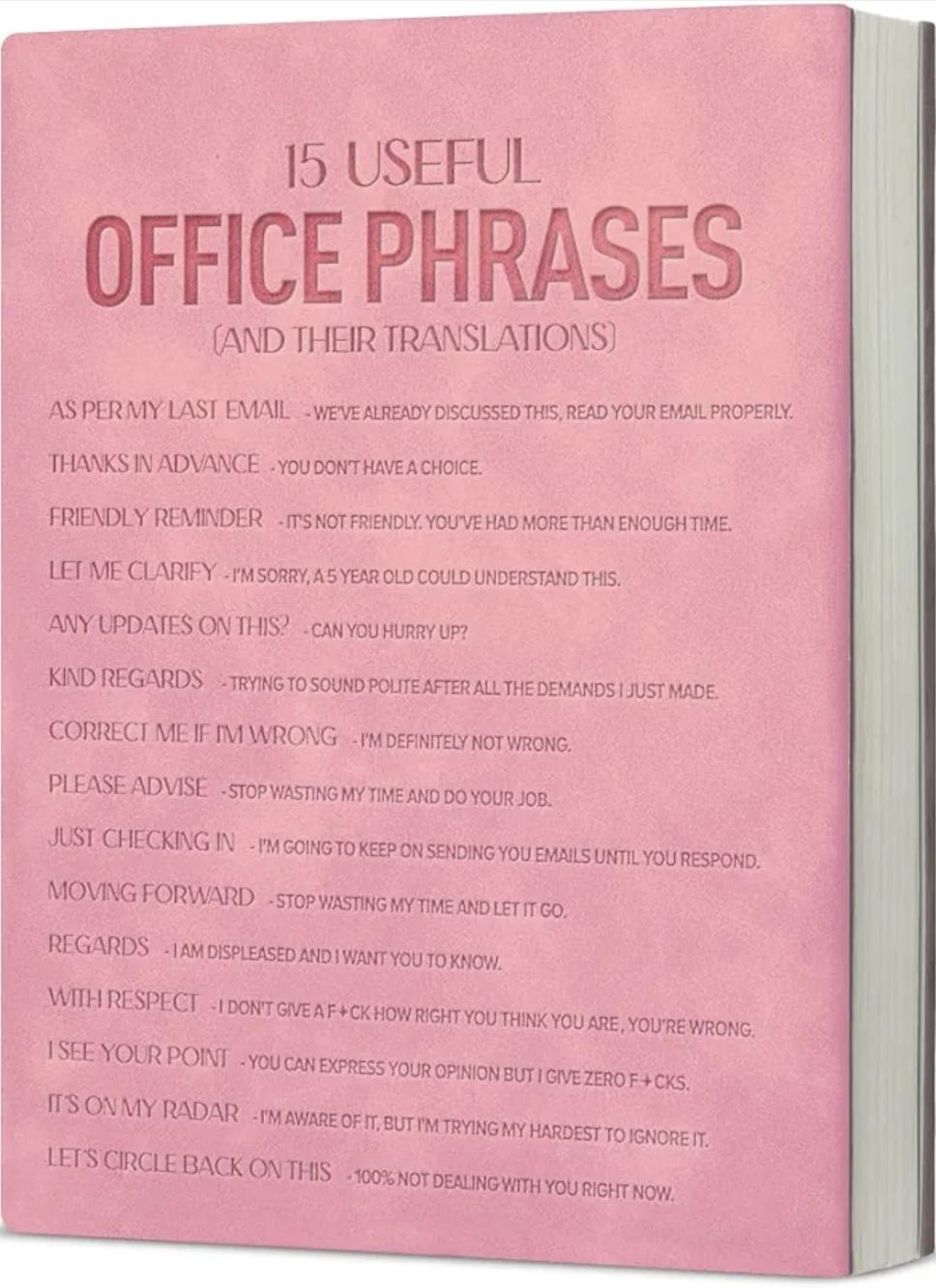 15 Useful Office Phrases – Funny A5 Soft-Touch Faux Leather Notebook