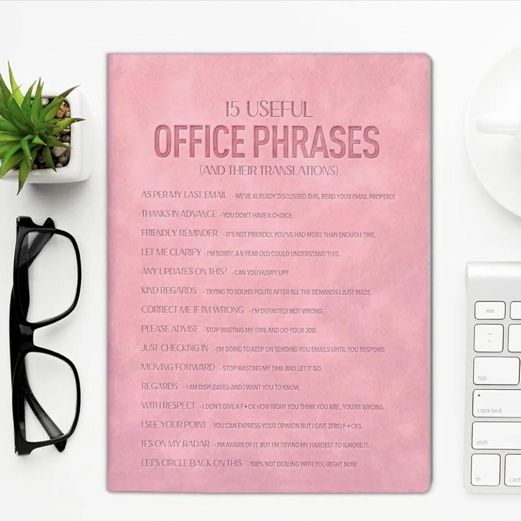 15 Useful Office Phrases – Funny A5 Soft-Touch Faux Leather Notebook