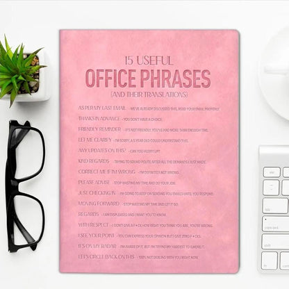 15 Useful Office Phrases – Funny A5 Soft-Touch Faux Leather Notebook