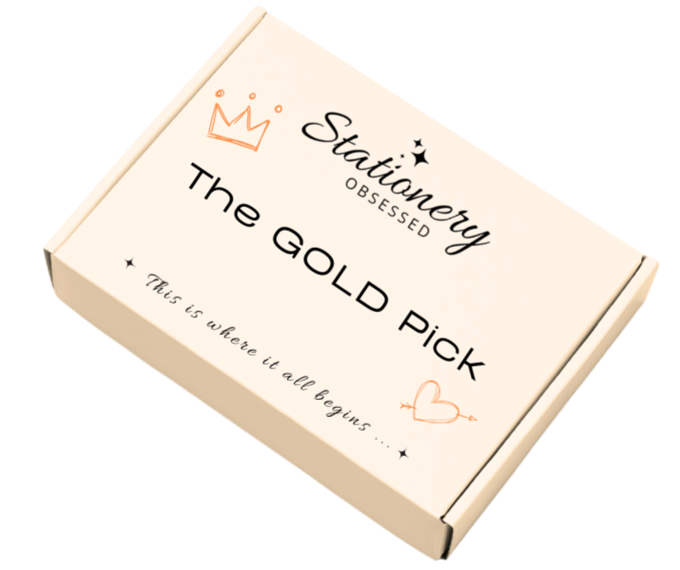 Cardboard box with 'Stationery Obsessed' branding on a white background