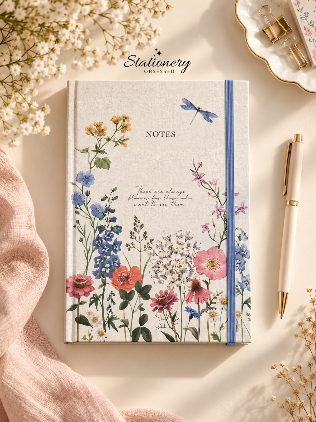 A4 Dragonfly & Florals Soft Cover Flat Lay Notebook