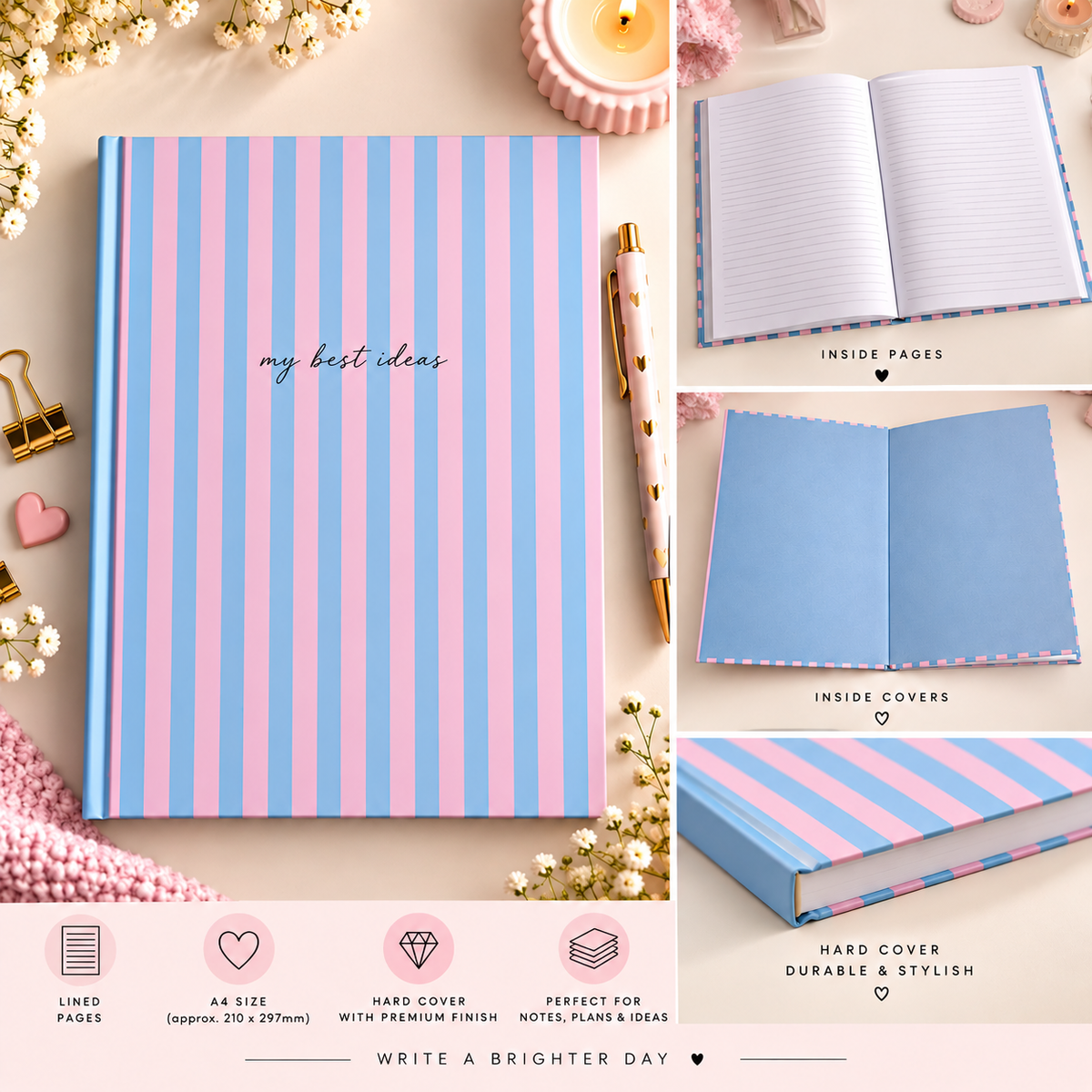A4 Pink & Blue Stripe Hardback Notebook