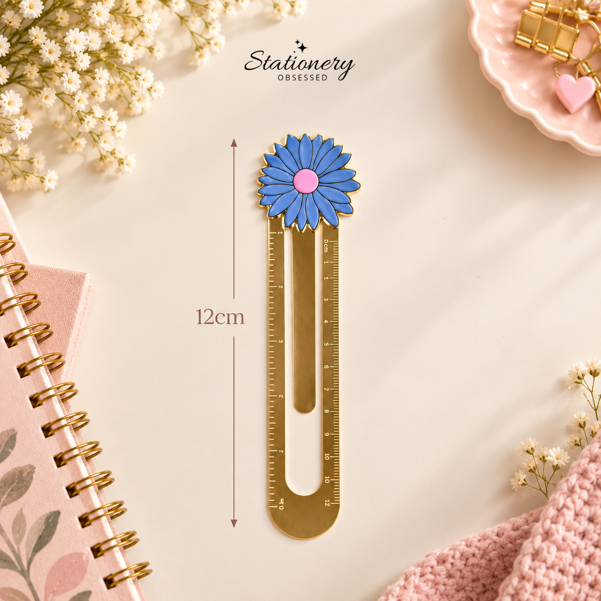 Blue Flower Gold 12cm Ruler Bookmark
