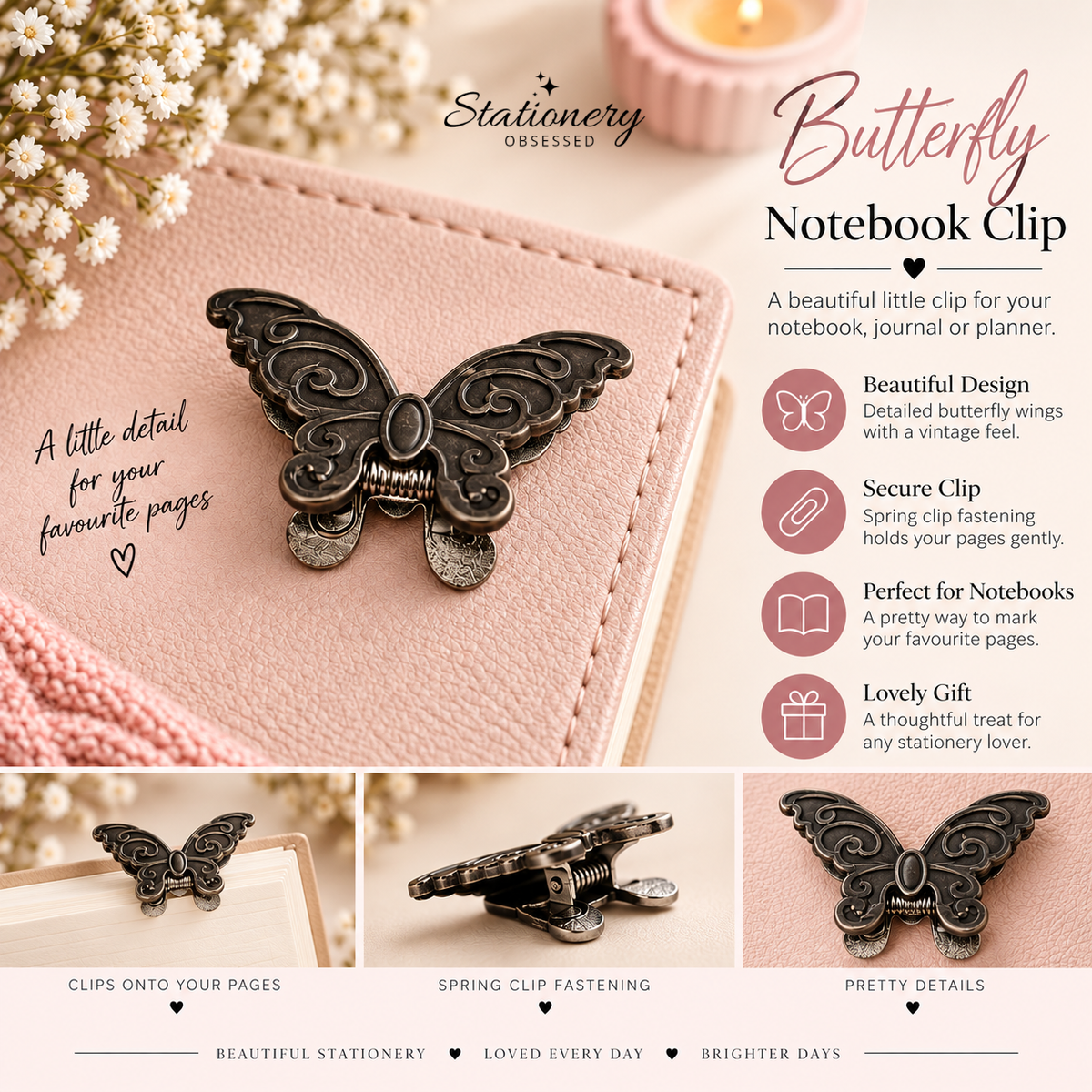 Small Butterfly Metal Notebook & Journal Clip