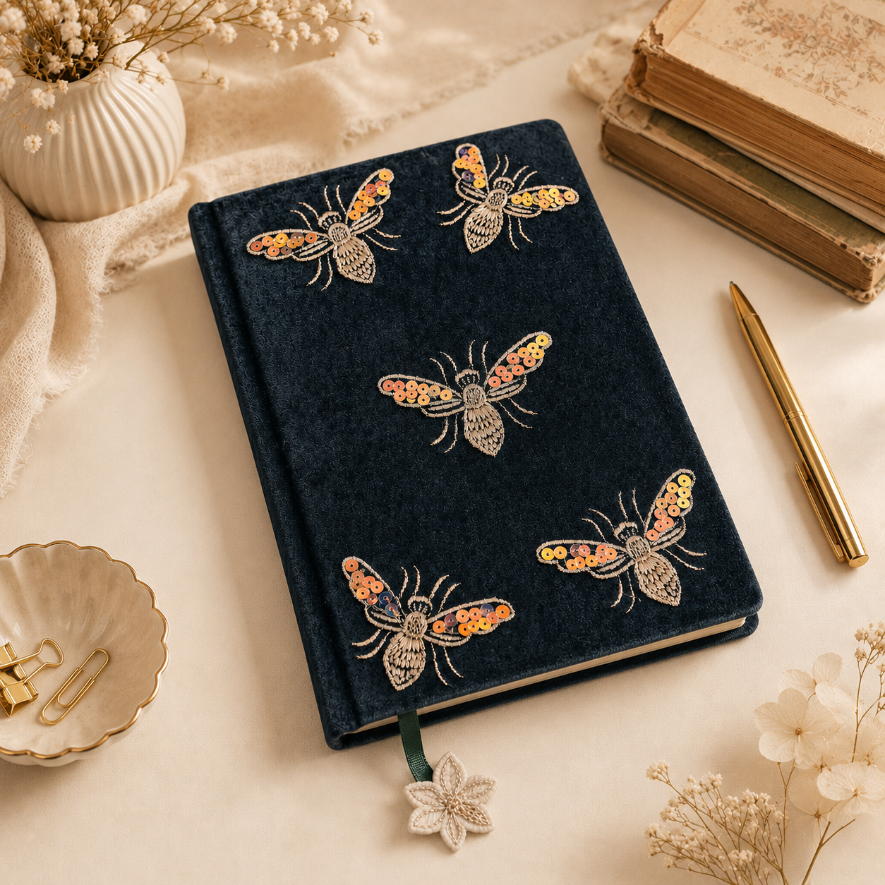 Velvet Bee Notebook lifestyle stationery flat lay