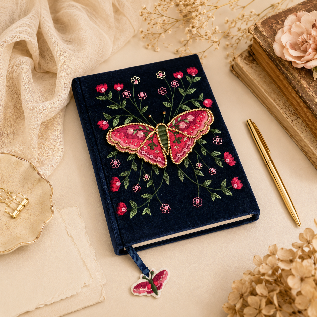 Velvet Butterfly Notebook lifestyle stationery flat lay